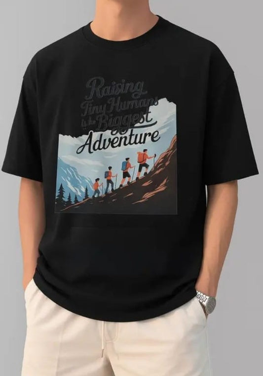 Adventure Graphic T-Shirt – Raising Tiny Humans Quote Tee | Premium Cotton Oversized T-Shirt for Men